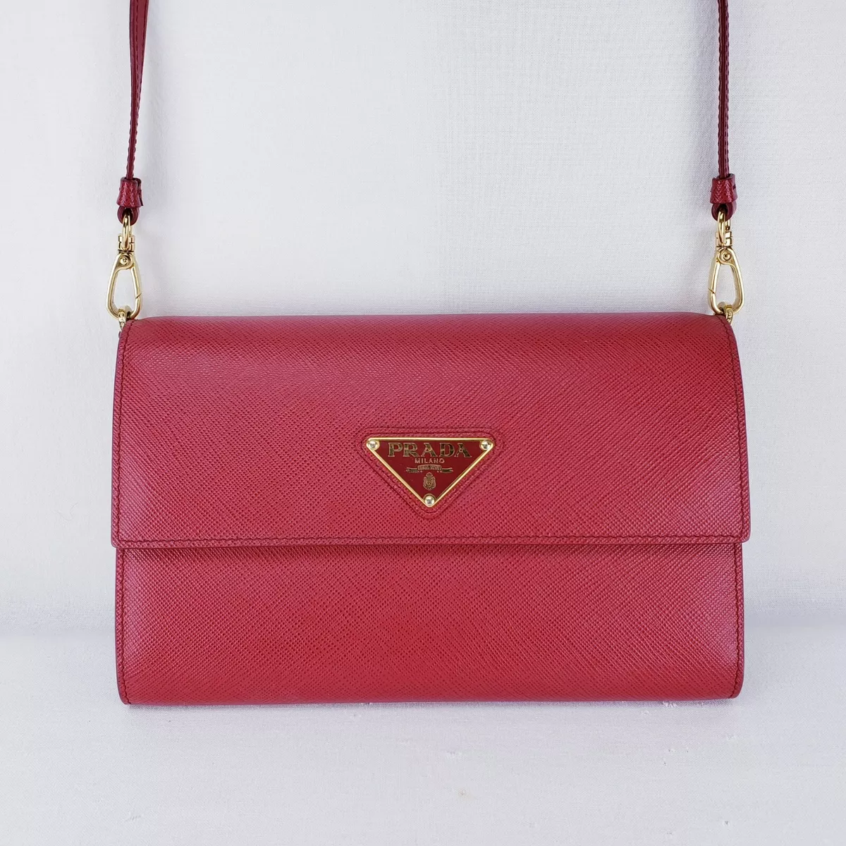 Prada Fiery Red Saffiano and leather wallet with shoulder strap