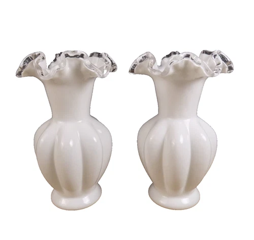 2 Fenton Silver Crest Milk Glass 8" Melon Form Vases Vintage