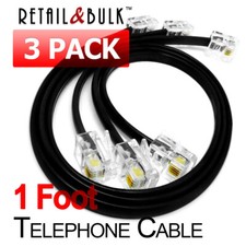  3 Pack  1 Foot Short Telephone Cable RJ11 6P4C 12in Phone Line Cord, Black