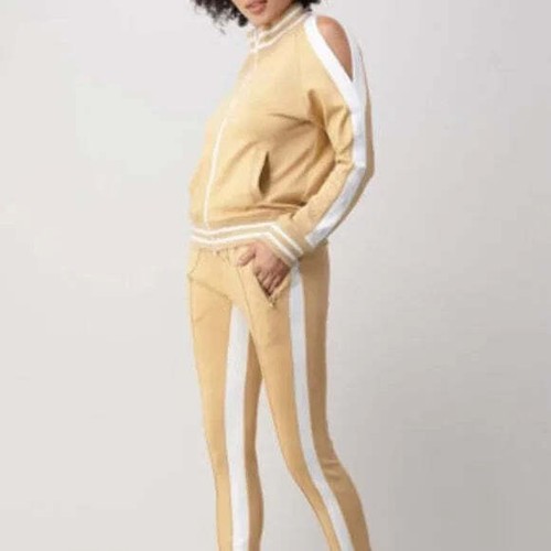 Beige & White 2 Piece Zip Up Outfits For Women's Sportswear Tracksuit Set - Picture 3 of 3