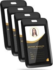 4 Pack Sliding Black ID Badge Holder, Heavy Duty Plastic ID Badge