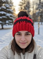 Handmade black and red Toque. crochet beanie winter hat