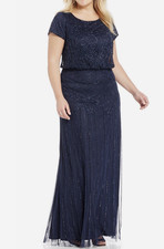 Adrianna Papell Plus Size Bead-Illusion Blouson Dress - Navy Size 14 NWT