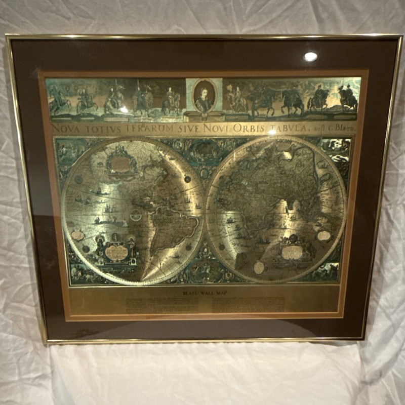 Willem Blaeu Framed Wall Map 17th Century Vintage Gold Lined World Map