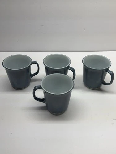 Set Of 4 Vintage Pyrex Slate Blue Coffee Mug Cups Milk Glass 8oz D Handled 1970s