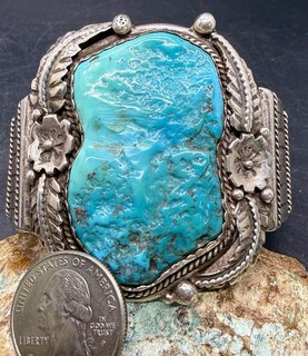 Beautiful Large Vintage Navajo Thick Sterling & Gem Turquoise Cuff Bracelet 96 G