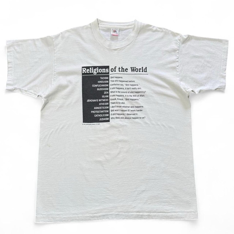 A vintage 90s 'Religions of the World' joke tee is the kind of subversive, equal-opportunity humor that couldn't be made today — an instant conversation starter.