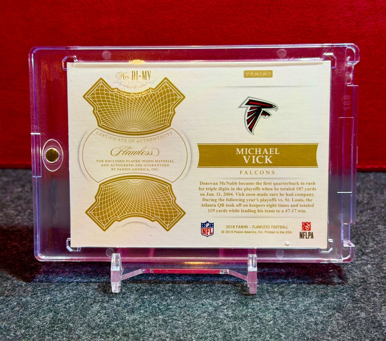 MICHAEL VICK 2018 Flawless Distinguished Patch On-Card Auto 3/10 Player Worn view 2