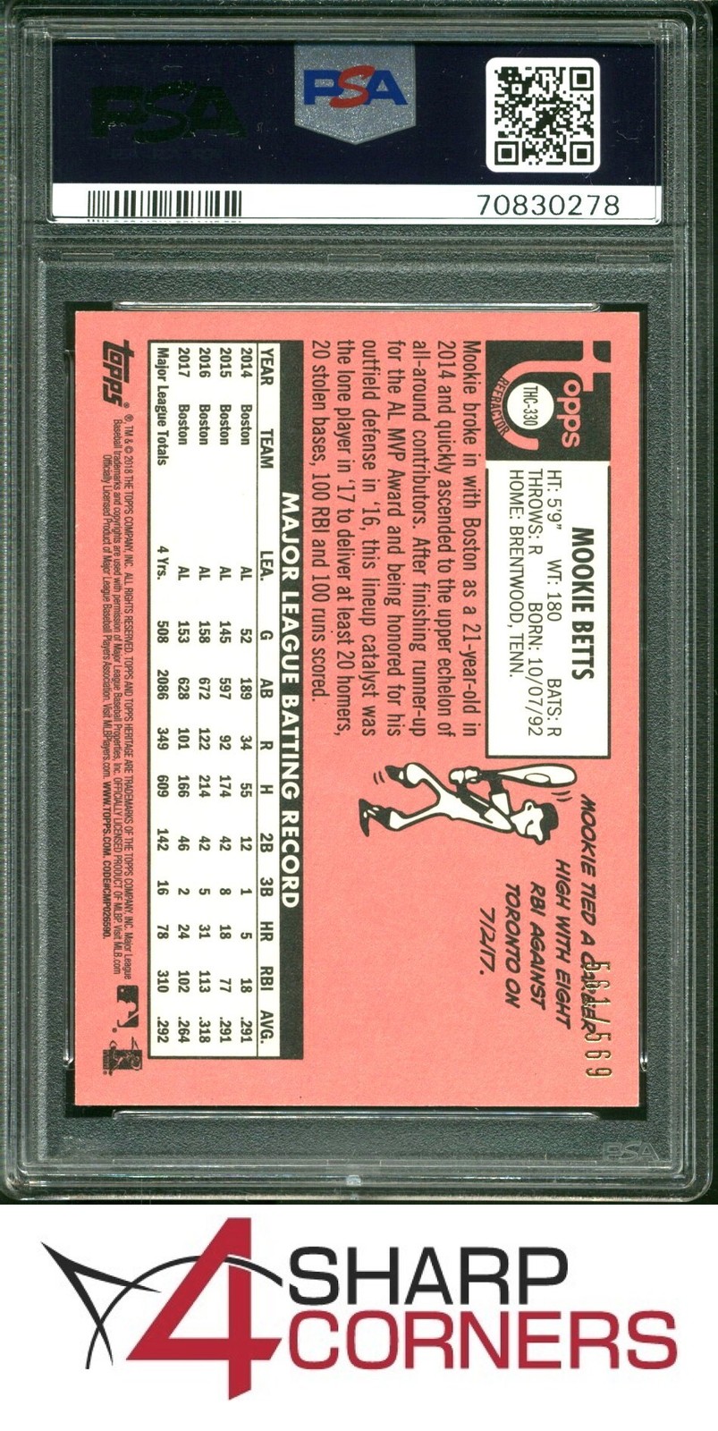 2018 TOPPS HERITAGE CHROME REFRACTOR #330 MOOKIE BETTS #/569 PSA 9 view 2