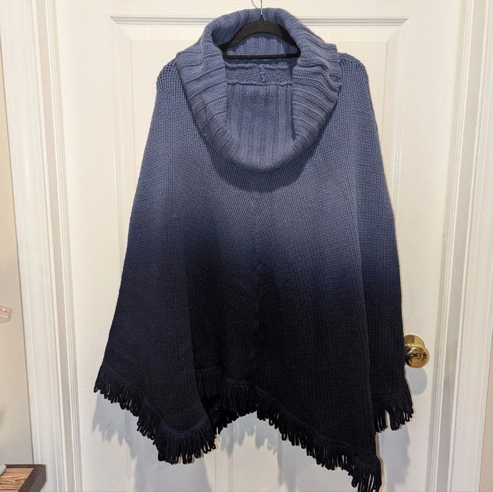 Chunky Cowl Neck Ombre Blue Lambswool Knit Sweater Fringe Poncho Made In Italy