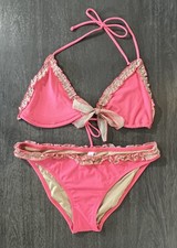 Victoria  s Secret Swimsuit String Bikini Set Pink Tan Ruffle L/M