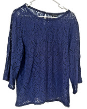 Banana Republic Blouse Navy Blue Floral Lace Cutout long sleeve Sz L