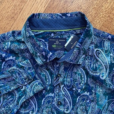 NWT Society of Threads Men s XXL Shirt Performance Non-Iron Stretch Blue Paisley