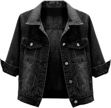 Womens 3/4 Sleeve Short Denim Jacket Lapel Button Down Cropped