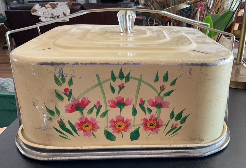 Metal Floral Painted SQUARE Cake/PIE Carrier Cream W/ Pink Flowers 10” X 10” X 4