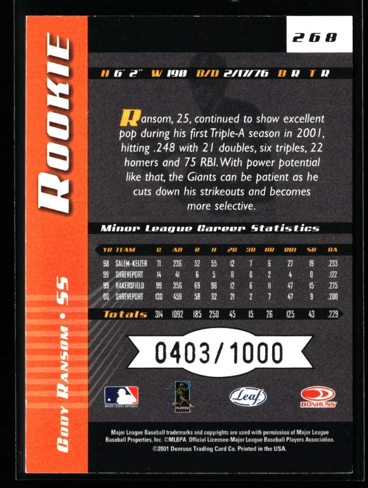 Cody Ransom 2001 Leaf Limited #268 #/1000 Rookie San Francisco Giants - Image 2 of 2