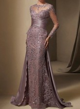 Mermaid Mother of the Bride Dress Stretch Satin Long Sleeve with Lace Round Neck