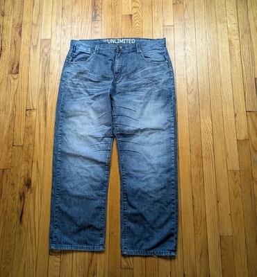 Ecko Unltd Jeans Men 40x32 Thin Faded Y2K Baggy Wide-Leg Distressed Chewed Hems 