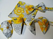 Mens Bow Tie Handkerchief 70's Style Oversized Vintage Style Grey/Yellow/White