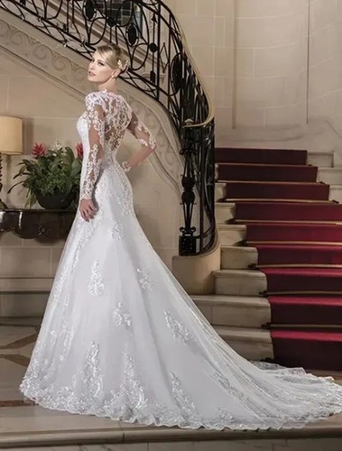 Sexy A-Line Wedding Dresses V-Neck Long Sleeved Lace Applique Beach Bridal Gowns - 第 3/10 張圖片