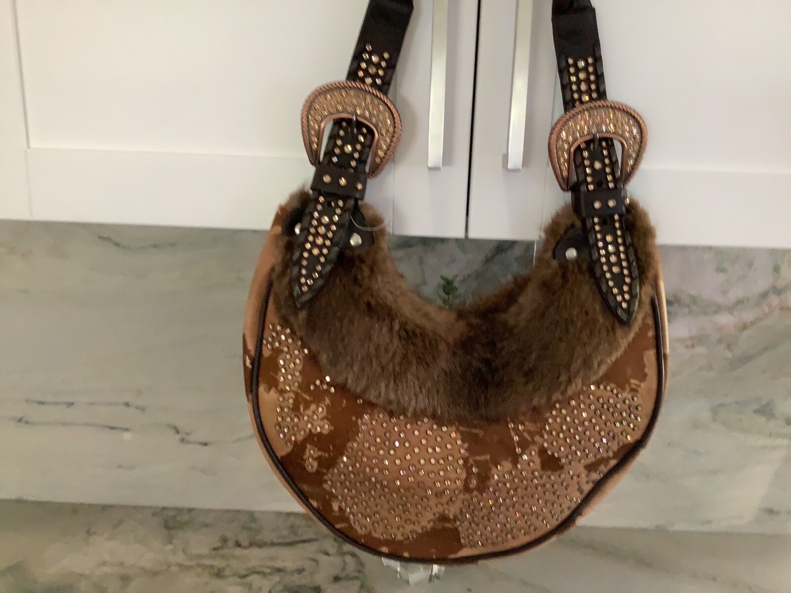 Kippy's "Coranado" Steer Hide/Fur/Crystals Handbag Hobo Rare image 3