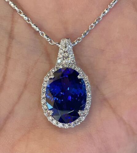 2Ct Oval Cut Lab-Created Blue Sapphire Halo Pendant 14k White Gold Plated