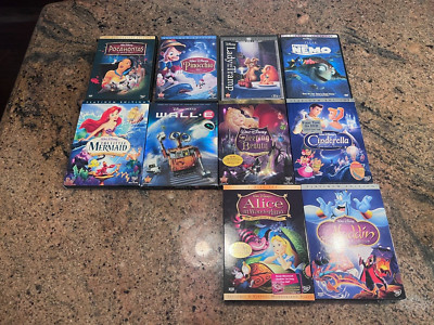 Lot of 10 Walt Disney DVD Movies Alice, Cinderall , Tramp, Wall-E, Mermaid SEE
