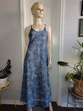 Halston blue sheer flocked chiffon floral dress spaghetti straps women's med