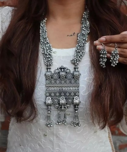 Bollywood Style Silver Gold Plated Oxidized Mirror Long Necklaces Indian Jewelry