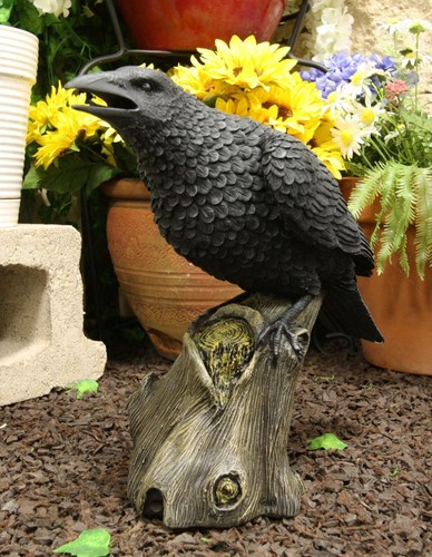 Ebros Large 14" Long Gothic Raven Crow Perching On Tree Stump Statue Figurine - Picture 9 of 12
