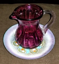 Vintage Cranberry / Purple Glass Pitcher Clear Ribbed Handle - 3.5" T and Saucer