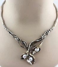 Hagit Gorali NECKLACE & RING Pearls Sterling Silver Israel Calla Lily 14k Trim