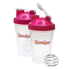 2x Slim & Save Shaker Cup Fitness Protein Shake Beater 400ml + Ball Whisk Pink