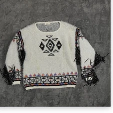Elan Sweater Womens Large White Boho Tribal Aztec Southwestern Fringe Sleeve