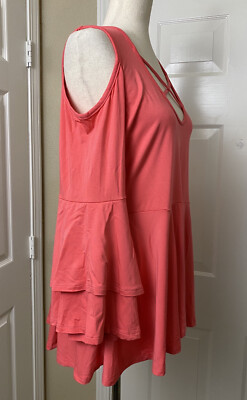 VAVA Joy Han Womens Blouse Size L Cold Shoulder Pink Coral Bell Sleeve Top