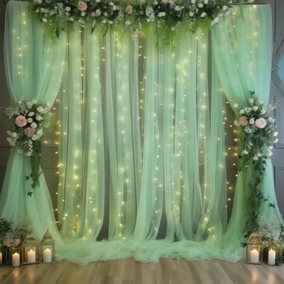 30×10ft Green Tulle Backdrop Curtain with Lights String for Parties, Sheer Ph...