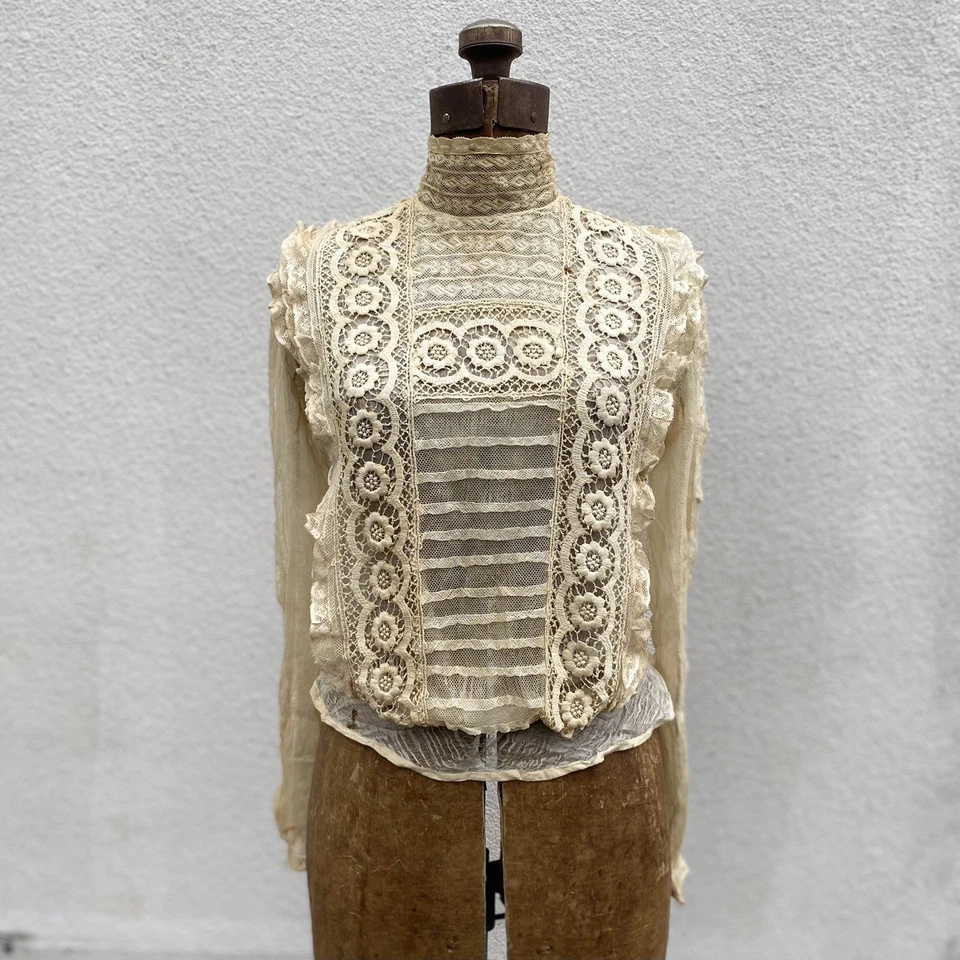 Antique Victorian Edwardian 1890s 1900s Lace Silk Chiffon Shirtwaist Blouse S - Image 3 of 4
