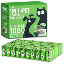 Pet N Pet 1080 Counts Green Poop Bags for Dogs, 41% Plant Based & 59% PE Extr...