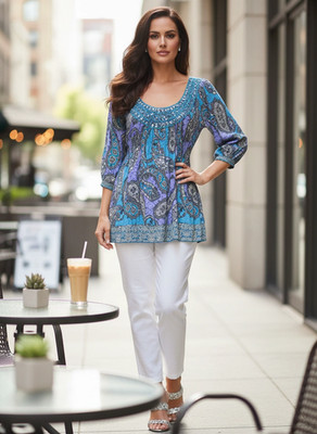 Live and Let Live Tunic Top Women s Small Blue Purple Paisley Sequin Boho Blouse