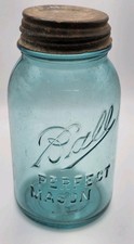 1900-1923 Vintage Blue Ball Mason Jar w/ Zinc Lid Perfect Mason Off Center Error