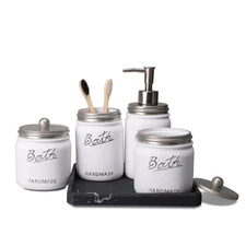 Mason Jar Bathroom Accessories Set 5PC Toothbrush Soap Dispenser Vanity Cotto...