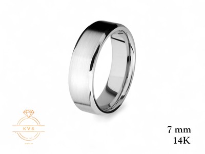 14K White Gold 7mm Beveled Edge Wedding Band Ring - Comfort Fit Matte Brushed