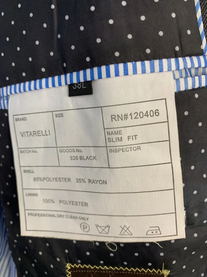 Mens Two-Piece Black Suit Slim Fit 38L Vitarelli  Single Button Double Vent GUC - Image 3 of 4