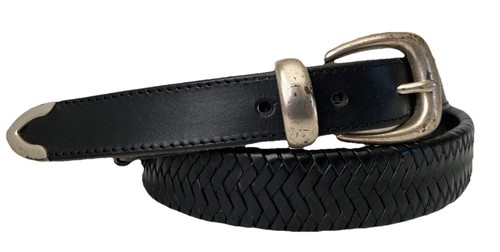 Black Leather Belt by Cole Haan with Braided Strap and Metal Tip - Size 38