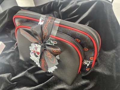 Ed Hardy Love Kills Slowly Embellished Cosmetic Bag Set includes two black makeu