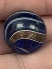 ANTIQUE GERMAN HAND-MADE "BANDED LUTZ" MARBLE, transparent blue base