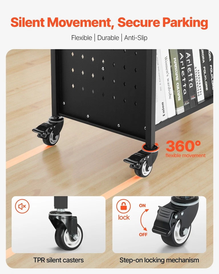 3-Tier Rolling Book Cart Double Sided W-Shaped Shelves Book Truck in Black - Image 4 of 4