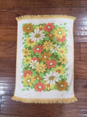 Vintage 60s 70s Fashion Manor Hand Towel Yellow Mod Floral Flowers Fringe Retro