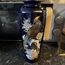 ANTIQUE KUTANI COBALT BLUE PHEASANT AND FLOWERS VASE JAPANESE