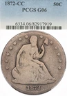 1872-CC 50C PCGS G6 Seated Liberty Half Dollar Carson City